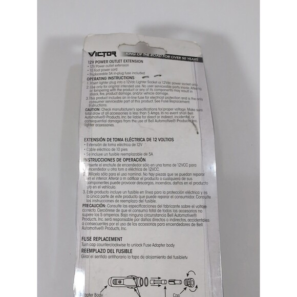 Victor 12 Volt Power Outlet Extension Cord 10 Foot Length Replaceable 5 Amp Fuse - Picture 4 of 4